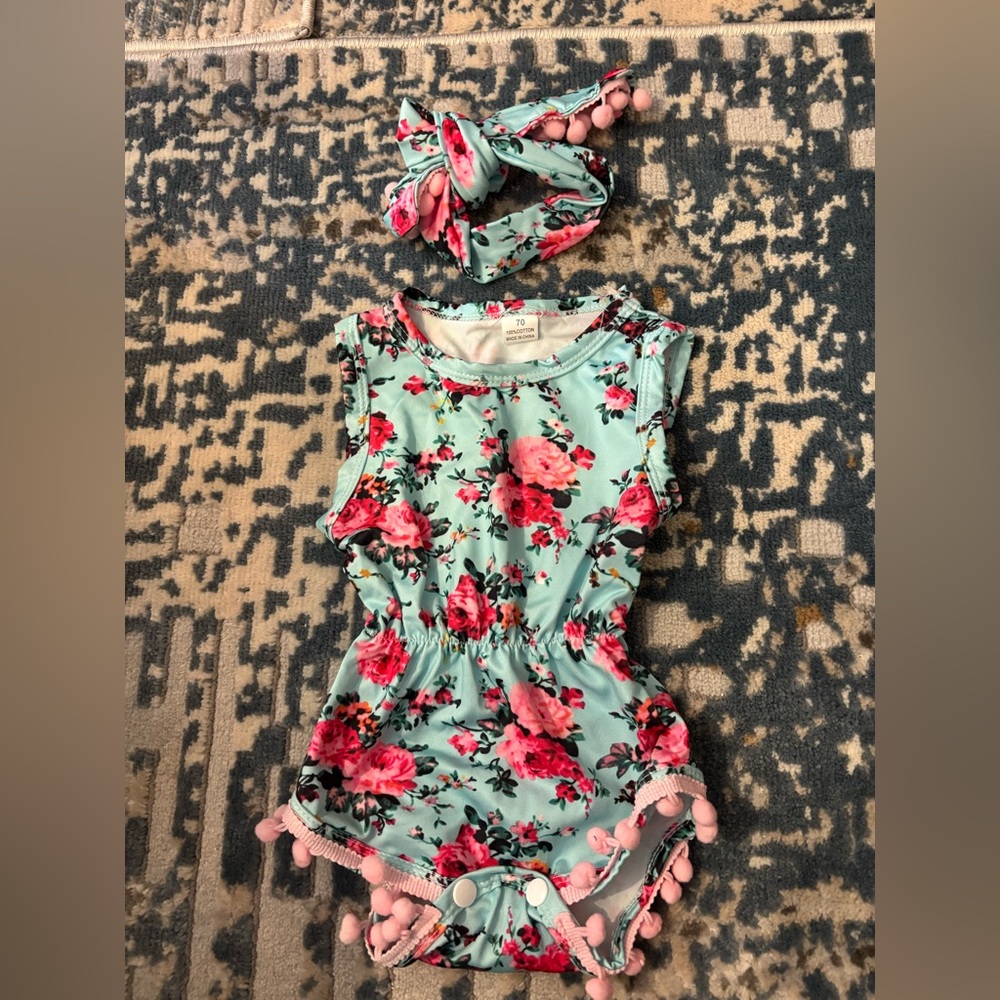Floral Baby Romper with Matching Headband - Mint & Pink
